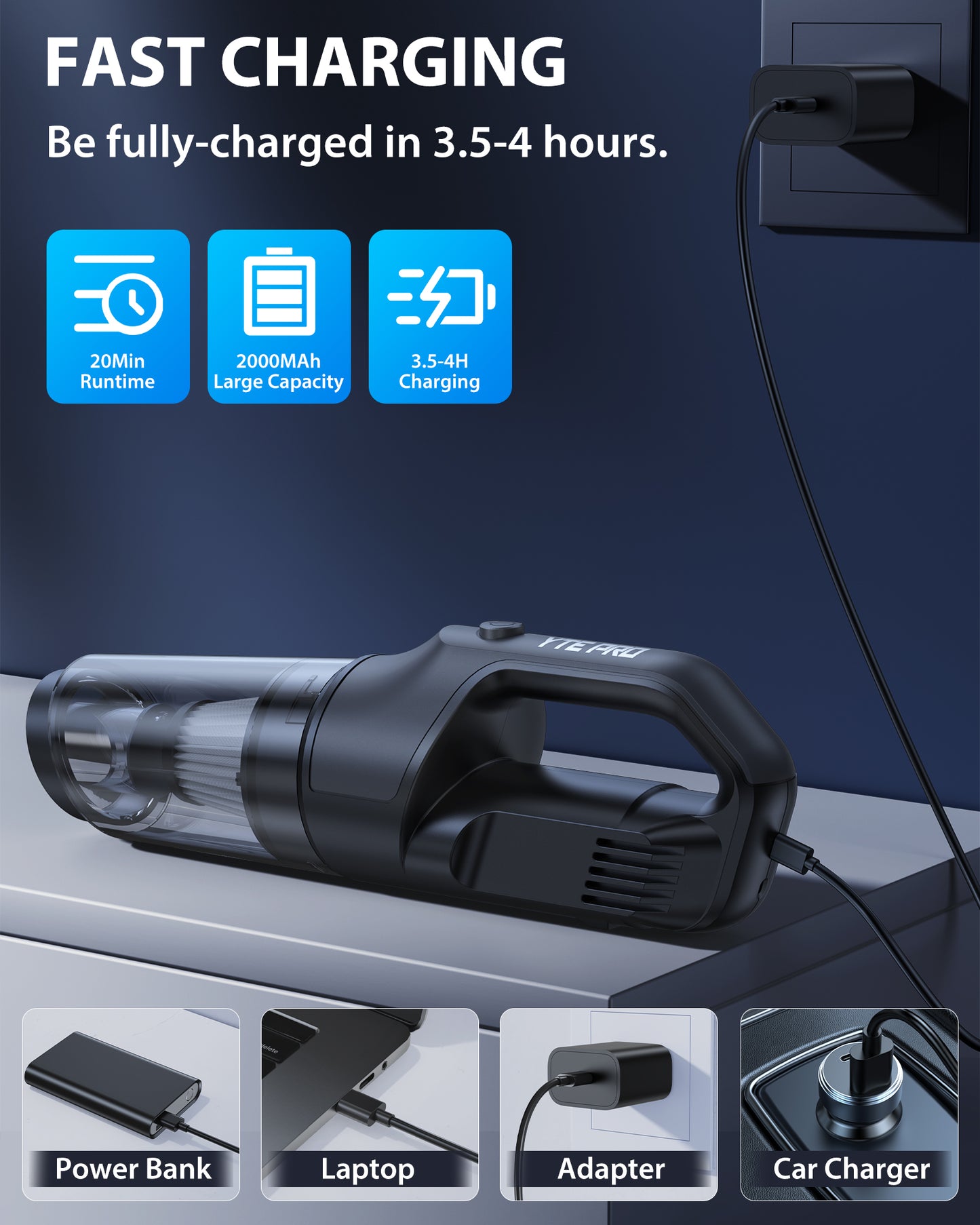 10000Pa Handheld Car Vacuum Cordless, 20Min Powerful Hand Held Vacuum Cordless Portable Vacuum Cleaner for Home