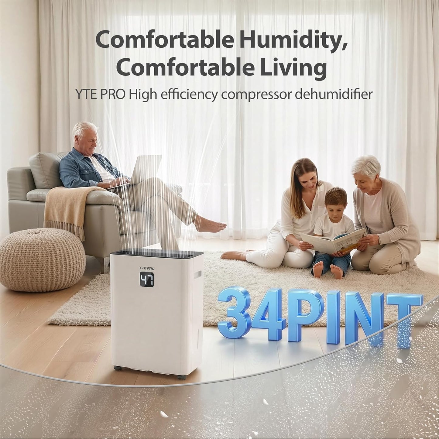 34Pint Dehumidifier for 2500Sq.Ft, Compressor Dehumidifiers for Home, Front LED Digital Humidity Display&Quiet Dehumidifier for Basement, Bedroom, Bathroom, with 6.56FT Drain Hose