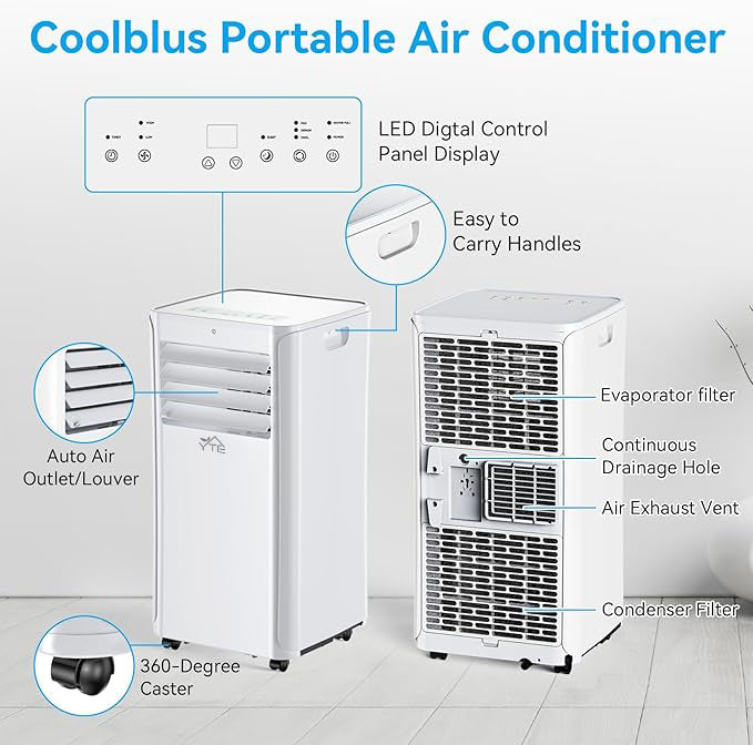 YTE 12000 BTU Portable Air Conditioners Cool Up to 550 Sq.Ft,3-in-1 AC Unit with Remote Control/LED Display/Installation Kits & Screwdriver/24Hrs Timer for Home/Office,White, A016BS