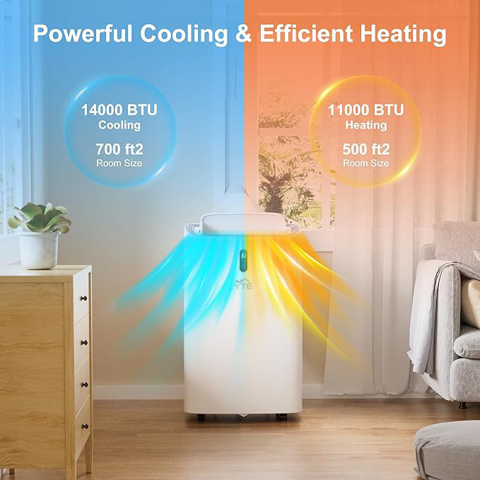 YTE 14,000 BTU Portable Air Conditioners for Room Up to 700 Sq.Ft, Cool, Heat, Dehumidifier & Fan 4 in 1 Portable AC Unit, Room Air Conditioner with LED Display & Remote/24 Hrs Timer/Auto Swing